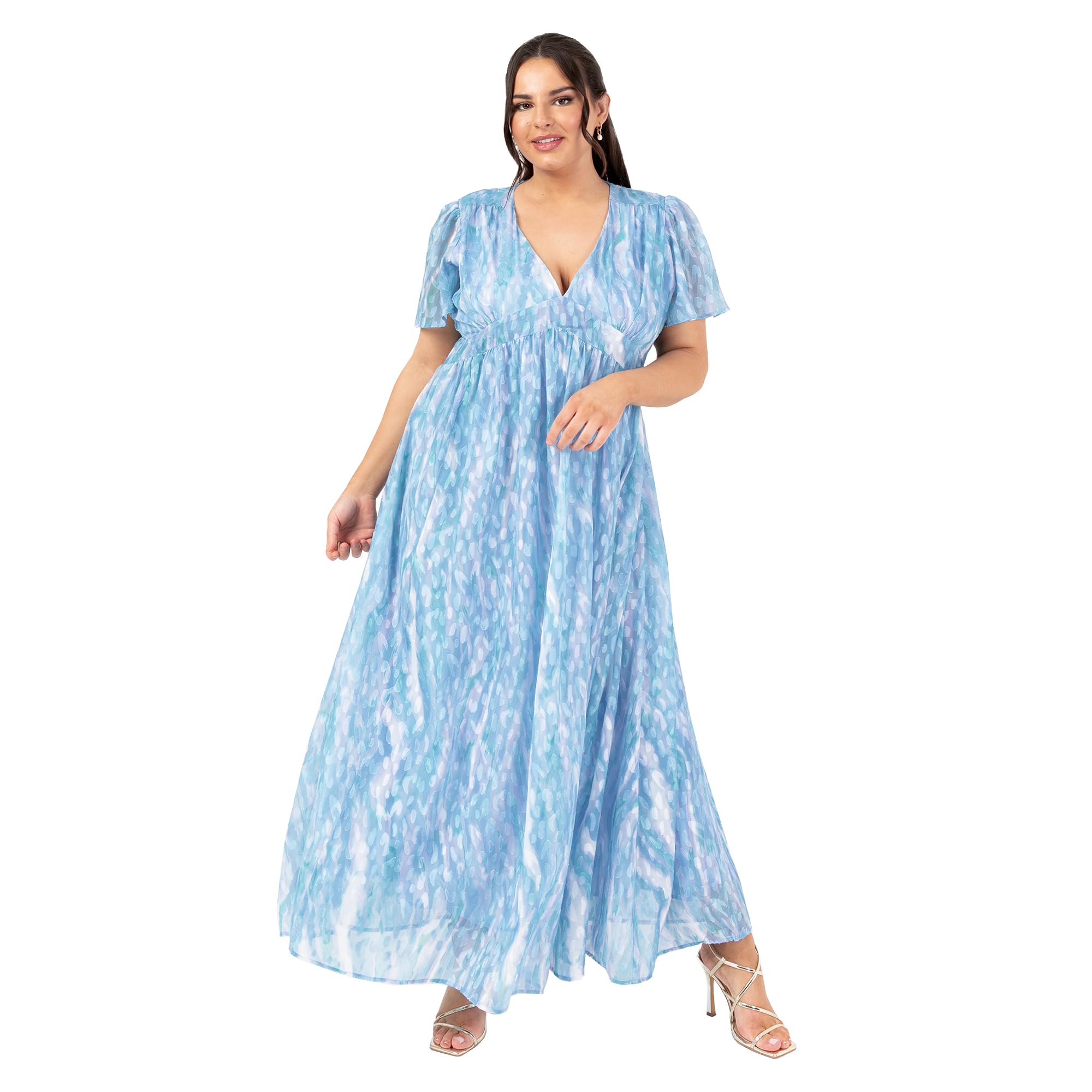 Lovedrobe Women's Blue Maxi Dress Short Angel Sleeve V-Neckline Trim Detail Empire A-Line Casual Wedding Guest Occasion 22