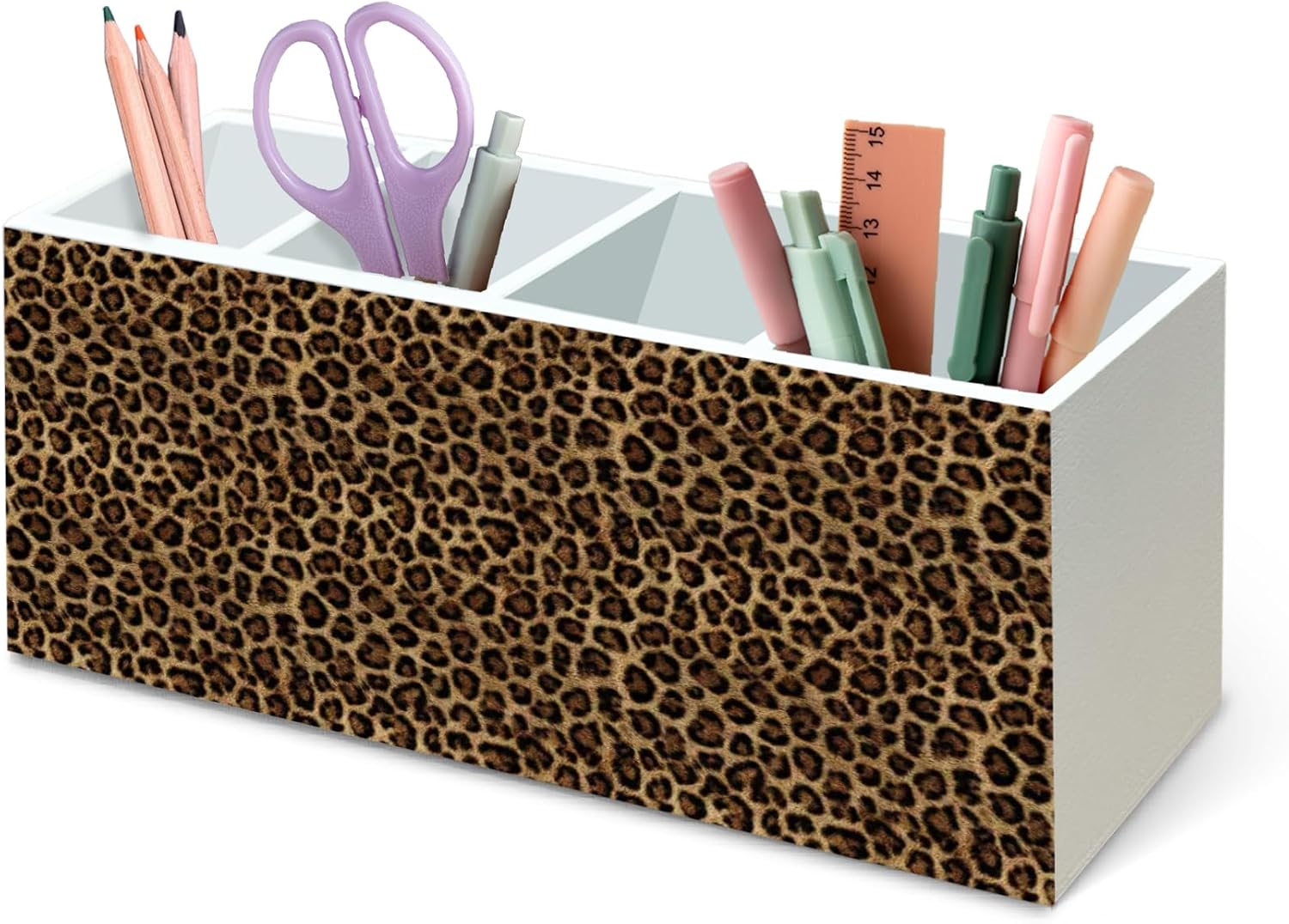 DILSJ Cheetah Leopard Print 4 Compartment Pen Pencil Holder for Desk,Cheetah Gifts for Women, Retro Trendy Maximalist Leopard Wooden Box Signs Organizer for Home Bedroom Office & School Supplies