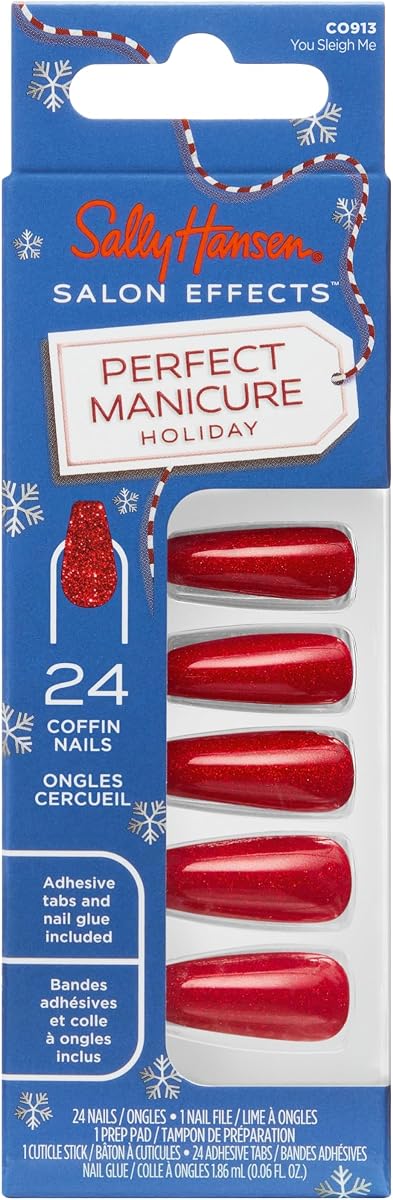 Sally Hansen Salon Effects Perfect Manicure Press-On Nails | Easy to Apply, Non-Damaging | 24 Nails, Adhesive Tabs, File & Alcohol Pad Included | Holiday - You Sleigh Me