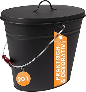 BLACK OAK Vesuvio Seau à cendres, 20 l, noir, ovale, avec couvercle, grand modèle, en acier galvanisé ignifuge et revêtu par pulvérisation pour cendres et charbon, accessoire idéal pour cheminée,