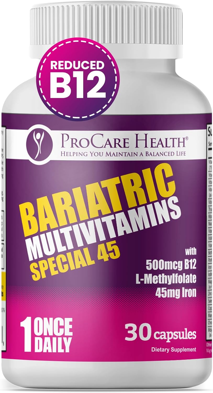 ProCare Health Bariatric Multivitamin with Iron (30 Capsule) 45mg Iron with Reduced B12 - Post-Op Bariatric Vitamins for Gastric Bypass Sleeve Patients, Sustains Recovery & Energy (1 Month Supply)