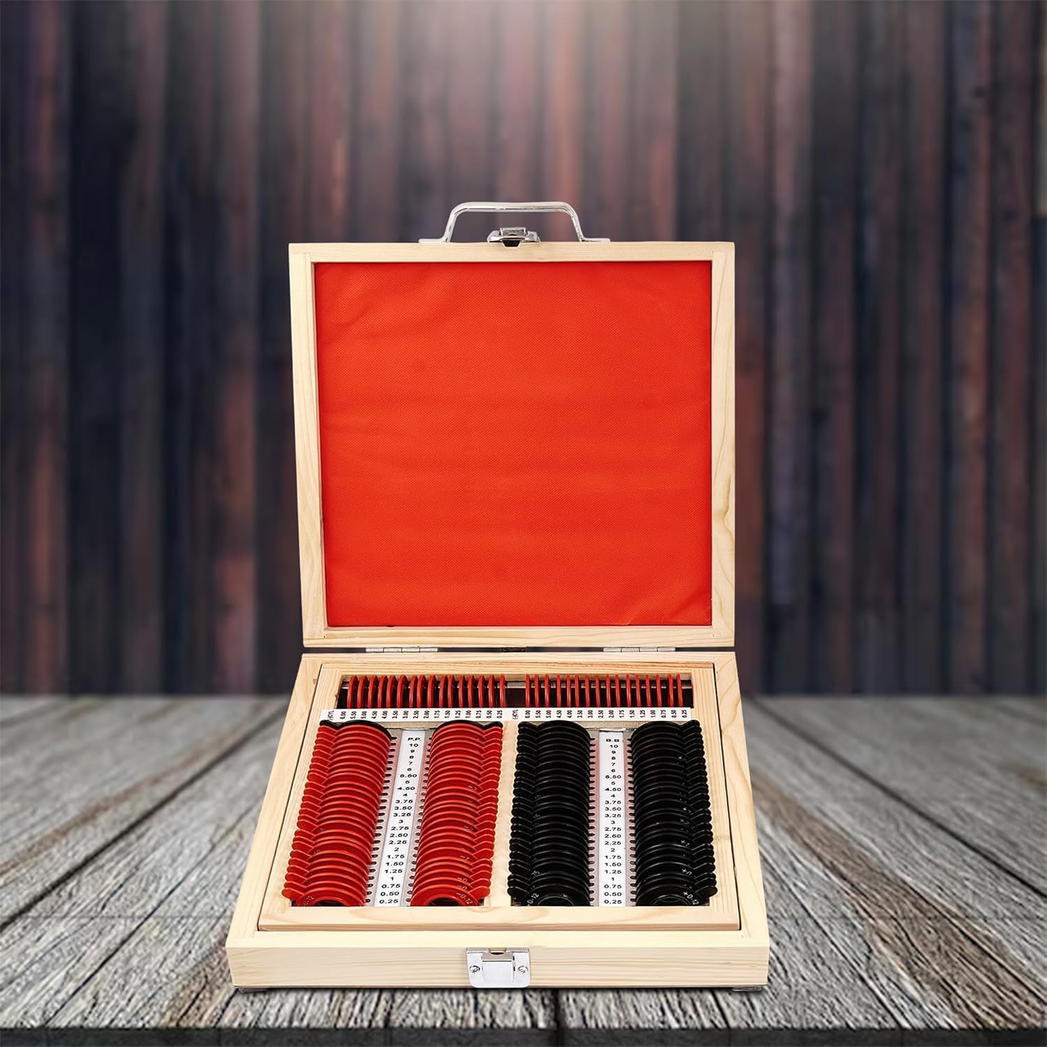 Trial Lens Set with 225 Lenses, Adjustable Trial Frames, Wooden Box Packing, Acrylic & Aluminum, Multicolor