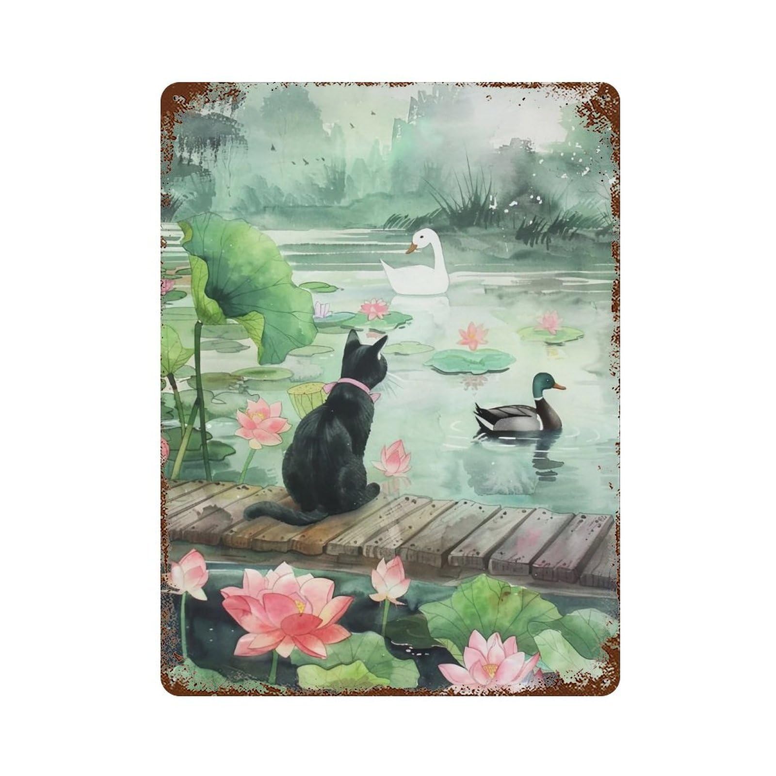 HDURYEYRYY Lotus Pond Cat & Ducks 03 Wall Retro Iron Vintage Art Metal Tin Sign Poster Modern Home Cofffee Club Art Bar Shop Decor 40x30cm