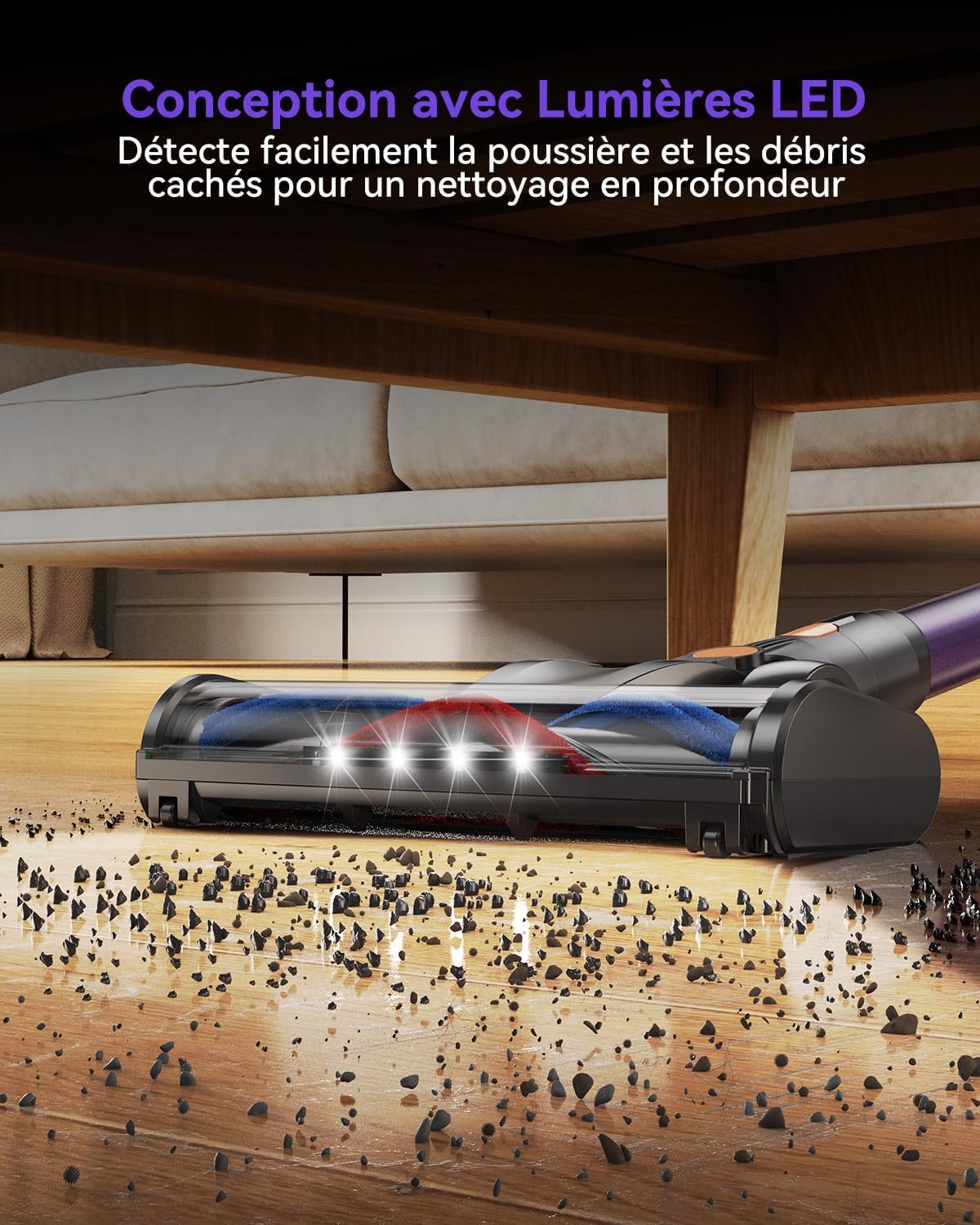 550W /45KPa Aspirateur Balai Sans Fil, 60 Min d’Autonomie avec Mode Auto, Aspirateur Sans Fil Puissant Autoportant avec Support Mural pour Tapis, Sols Durs & Poils d’Animaux – Bac à Poussiè（Violet）