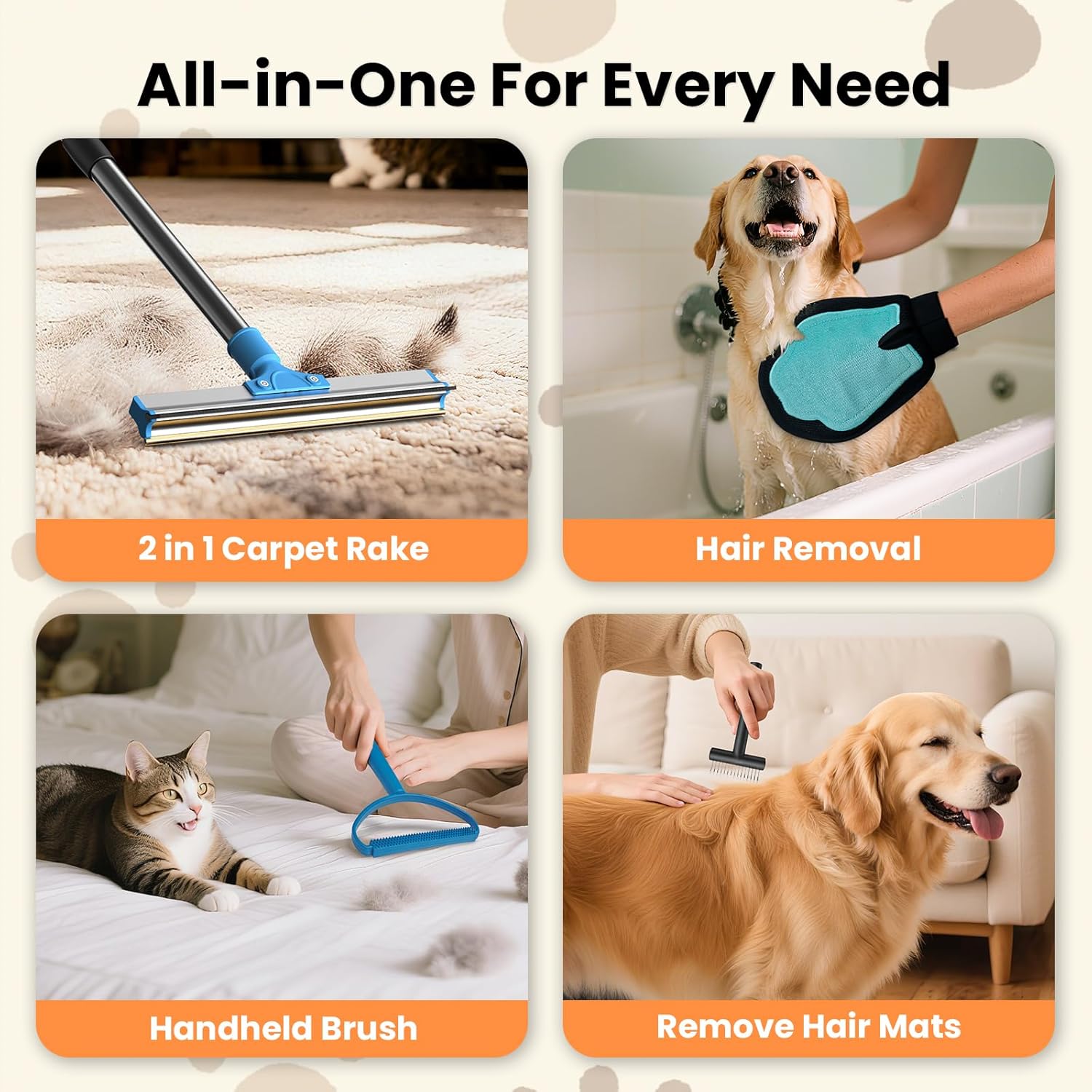 4 in 1 Carpet Rake for Pet Hair Removal + Smart Interactive Dog Toy Ball