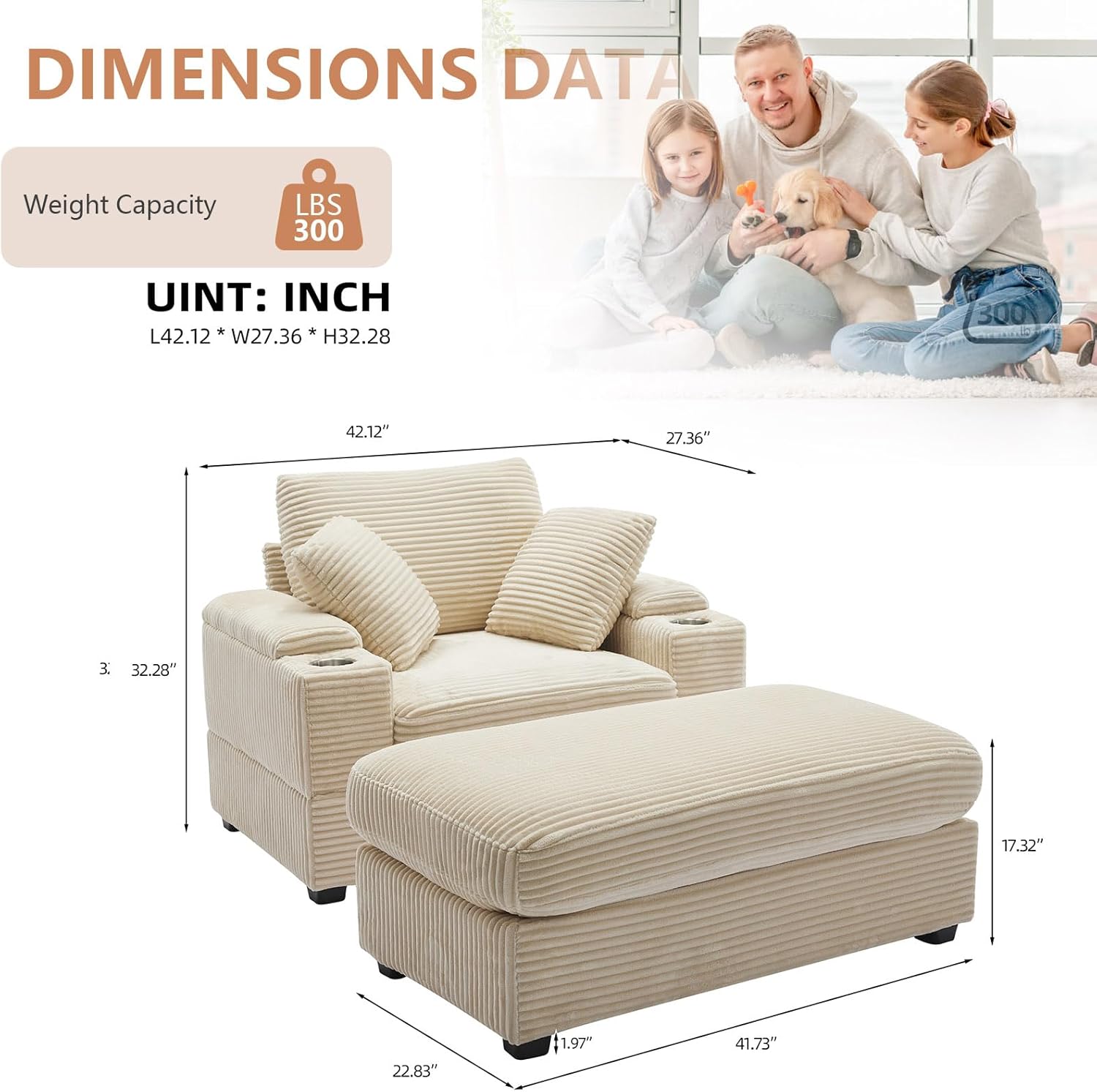 50" Oversized Chaise Lounge Chair Indoor with Ottoman and Storage, Comfy Corduroy Sleeper Chair with Cup Holder, Deep Seat Upholstered reading Chair, Reclining Chair for Living Room, Bedroom(Beige)