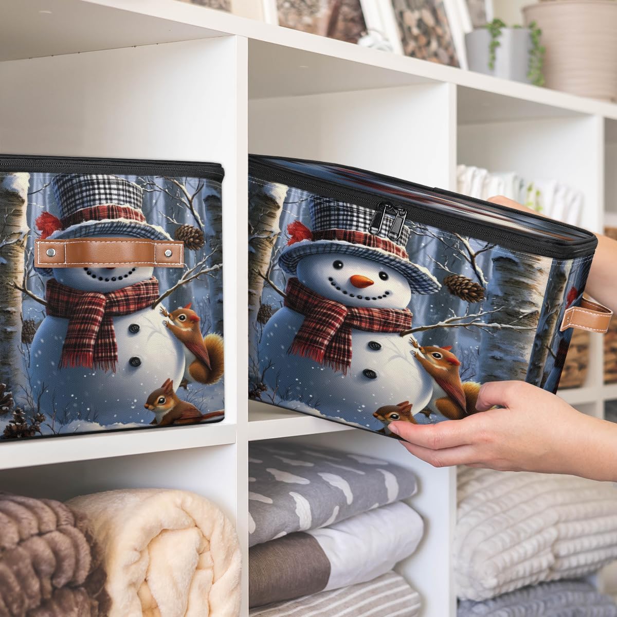 Storage Bin Set of 2 Squirrel Winter Snowman Storage Basket with Zipper Lid & Handle Foldable Closet Shelf 2 Pack Cloth Organizer Basket Cube Bins for Bedroom, Nursery