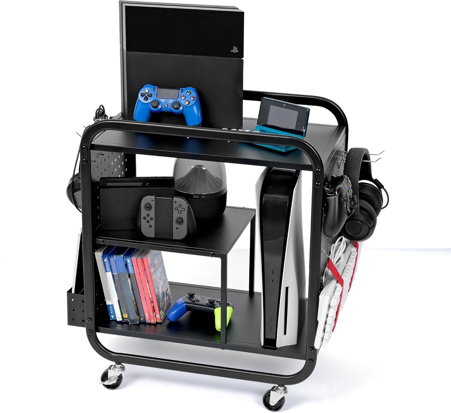 Mythinglogic Gaming Storage Rack with Wheels, Game Console Organizer for PS5/PS4, Xbox, Switch Accessories, Compact and Durable Design for Gamers Black