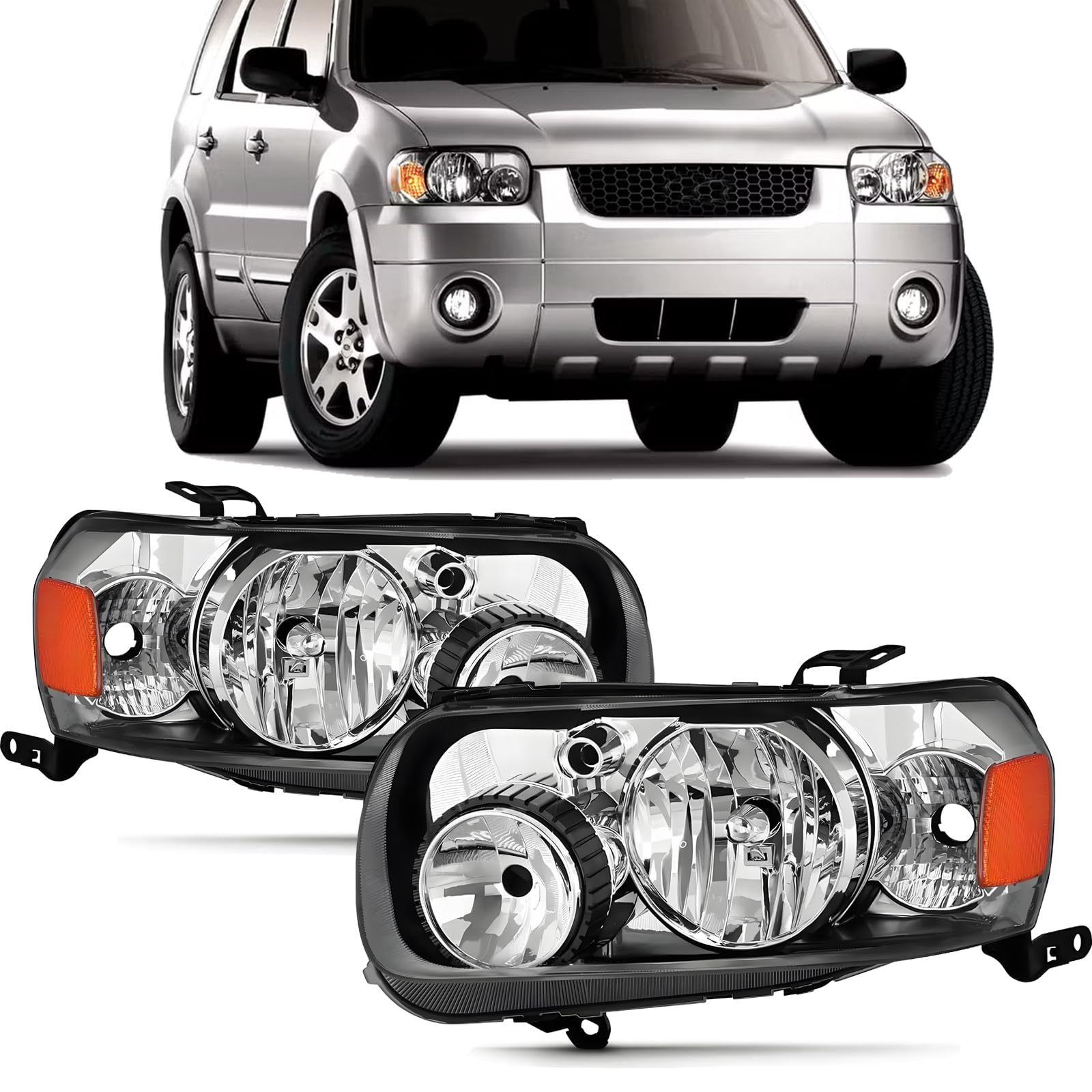 headlights assembly compatible with 2005 2006 2007 ford escape halogen headlamp driver & passenger side, chrome housing amber side