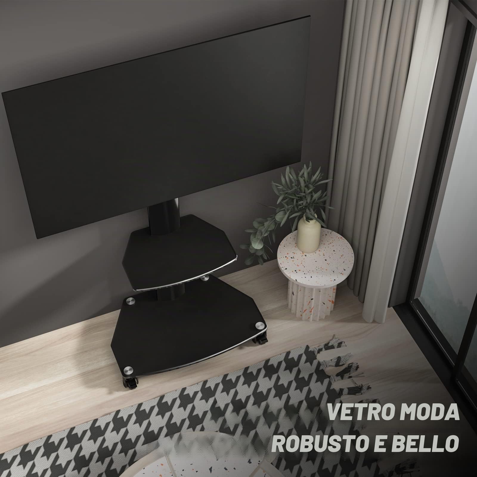 RFIVER Carrello Porta TV con Ruote per TV LCD LED OLED Plasma Piatto Curvo 27-70 Pollici, Supporto TV da Pavimento Mobile Sopportare 50kgs / Ruota di 45°/ Vetro Temperato