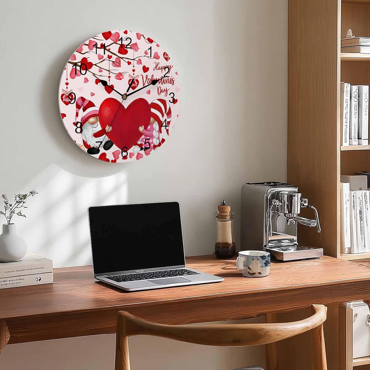 Happy Valentine's Day Silent PVC Wall Clock 14 Inch Gnomes Round Wall Clock Red Love Heart Tree Hanging Clock for Kitchen Non Ticking Battery Operated Living Room Pink Mute Clock