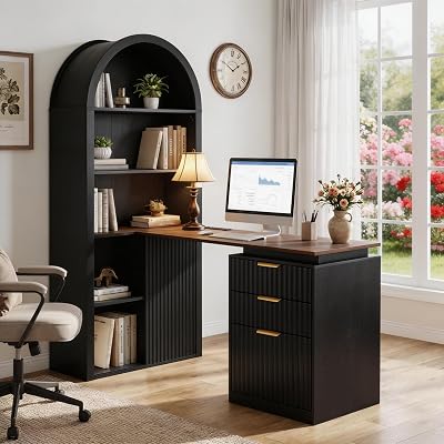 NORTHSKY 61" L Shaped Desk with Arched Hutch, Black Corner Computer Desk with Power Outlets, 3 Drawers, File Cabinet and Sliding Door Storage for Home Office
