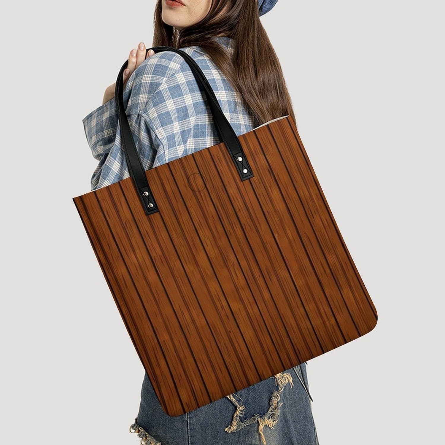 Brown Wood Pattern Handbags Large Capacity, Tote Bag Stylish Slouchy, Shoulder Bags for Work Beach Travel And Shopping Grocery.