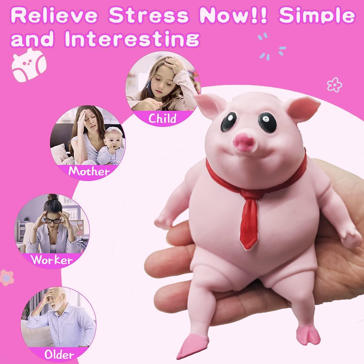 Novelty Cute Squishy Toy Pink Pig Gifts for Kids Adults, Decompress and Stress Stretch Animal Anxiety Relief Autism Disorders, Funny Pig Man Sensory Stress Toy for Girl Boy