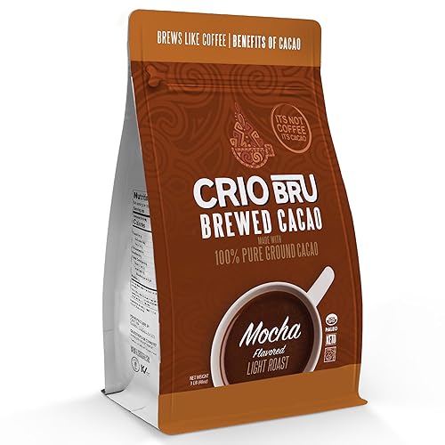 Crio Bru Tostado ligero con sabor a cacao preparado a moca, alternativa al café, bebida saludable natural  Hecho con granos de cacao molido 100%