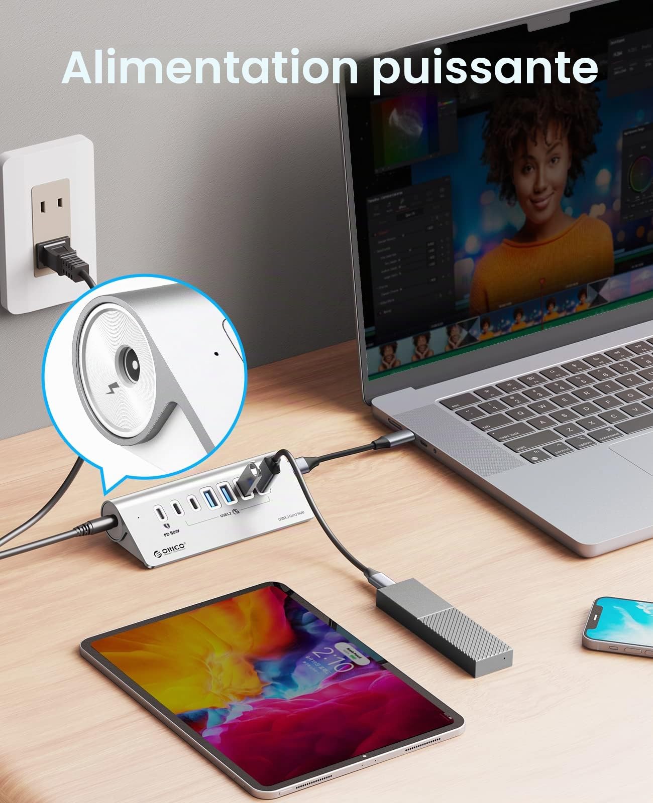 Hub USB, ORICO Hub USB C 3.2 Gen 2 alimenté à 7 ports 10 Gbit/s avec 4 USB A, 2 USB C, PD 60 W, adaptateur d'alimentation 24V/3A, répartiteur USB en aluminium avec 0.5m câble pour Macbook, Macbook Pro