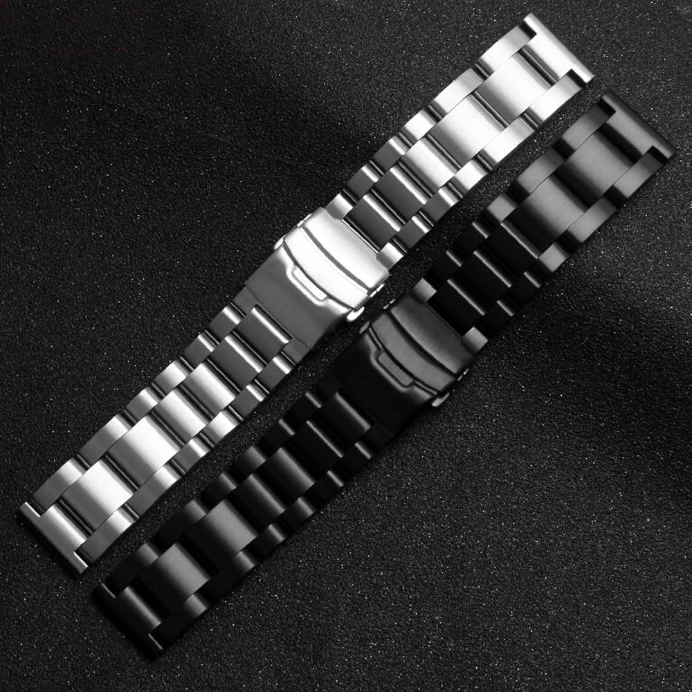 Heavy-duty Solid Stainless Steel Watch Band 20mm 22mm, Black Silver Brushed Watch Bands Double Locking Clasp Strap for Men