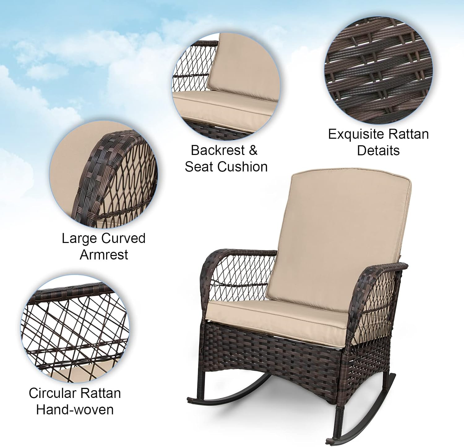  3 pcs Rocking Bistro Set Conversation Chairs PE Wicker Outdoor Rocking Chairs & Glass Table,for Porch Lawn Garden Backyard Deck(Rocking Set,Khaki) thumbnail