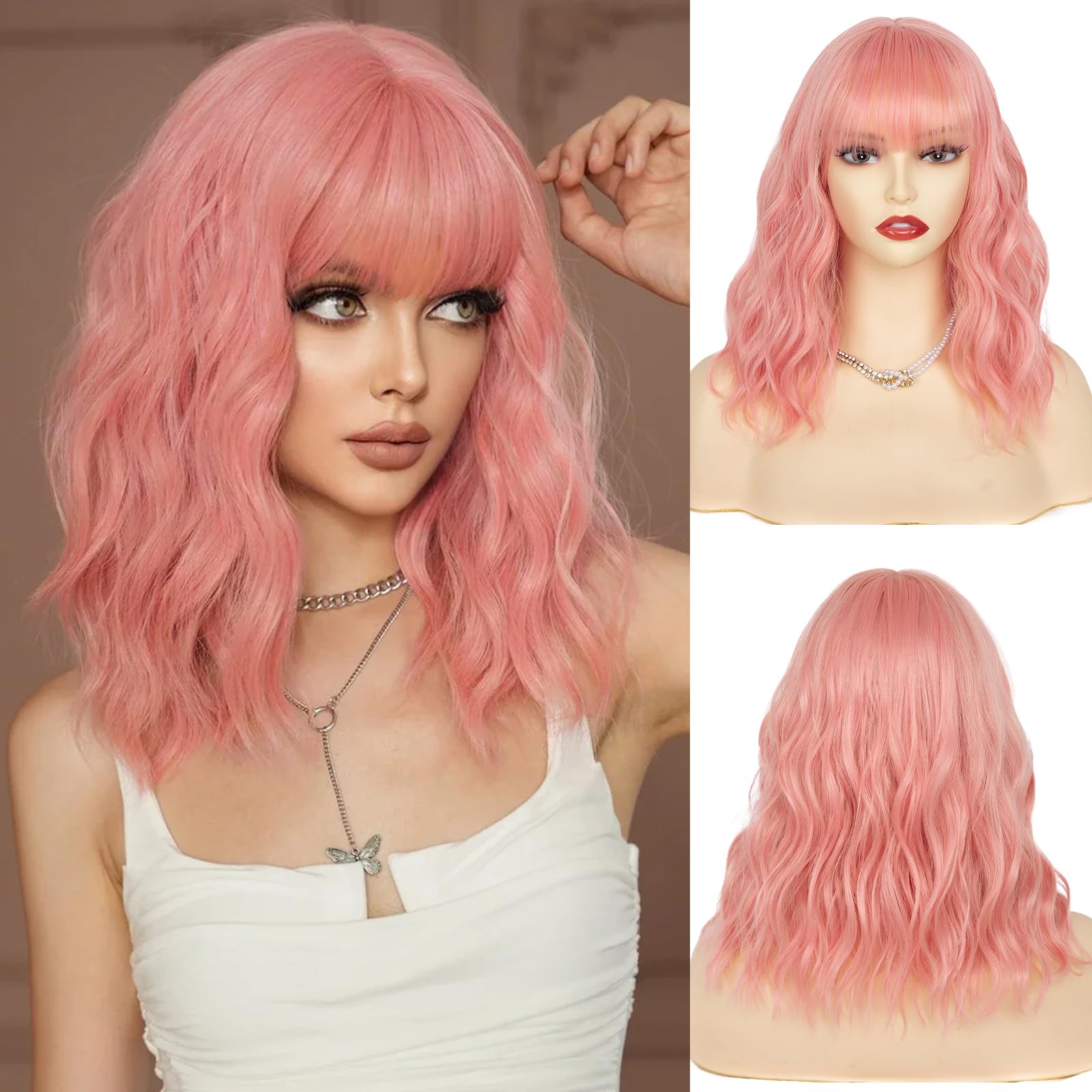Amazon.com: NAYOO Short Pink Wig with Bangs, 14 Inch Pink 
