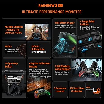 BIGBIG WON Wireless Controller, Rainbow 2 Pro PC Controllers 6-axis Gyro Sensor, Hall Effect Trigger, ALPS Joystick, Custom Button, 3.5mm Audio Gamepad for PC Windows/Android/iOS/Switch Controllers