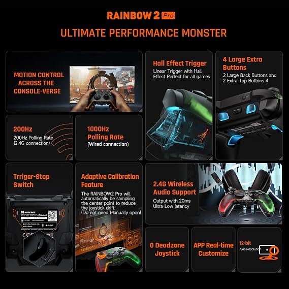 BIGBIG WON Wireless Controller, Rainbow 2 Pro PC Controllers 6-axis Gyro Sensor, Hall Effect Trigger, ALPS Joystick, Custom Button, 3.5mm Audio Gamepad for PC Windows/Android/iOS/Switch Controllers