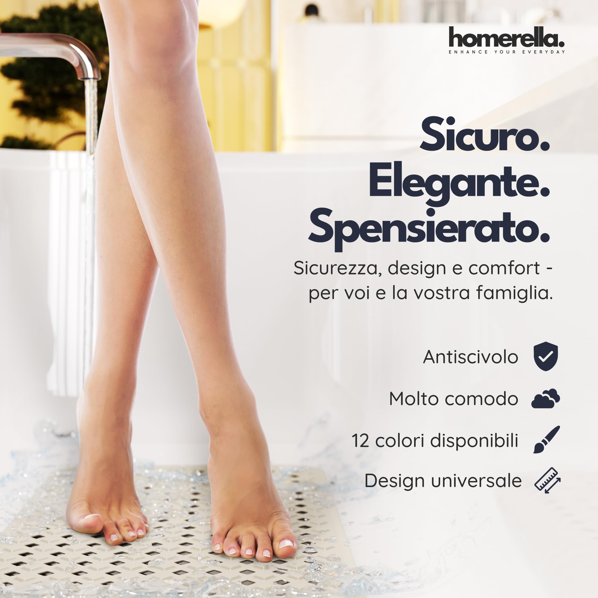 homerella® Tappetino vasca antiscivolo 88x39cm INCL. GANCI - Tappetino doccia antiscivolo senza BPA - Tappeto doccia antiscivolo vasca da bagno resistente alla muffa e lavabile in lavatrice