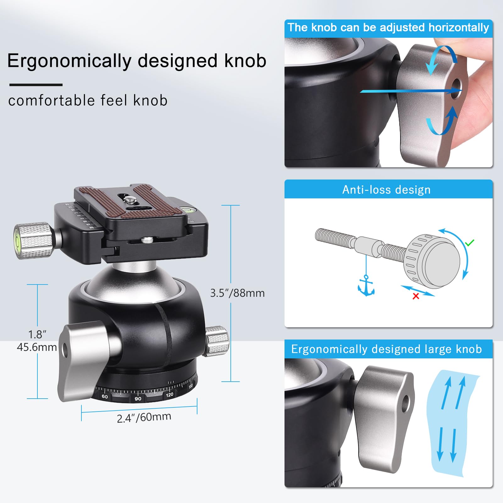 Testa a sfera a profilo basso ARTCISE, testa per treppiede in metallo da 50 mm compatibile con piastra di sgancio rapido Arca 1/4" per treppiede monopiede fotocamera DSLR, capacità di carico: 30kg