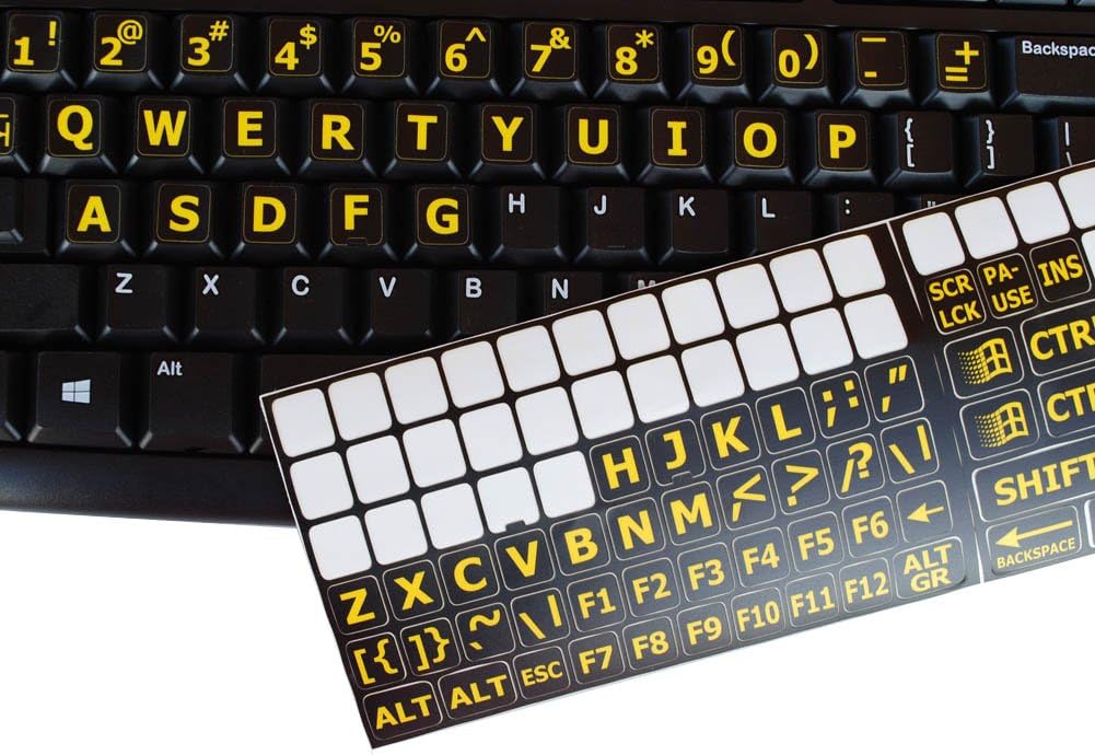 Five 5 English US Large Print Lettering Black,Yellow, White, Gray BACKGROUNS Keyboard Stickers 5 Colors