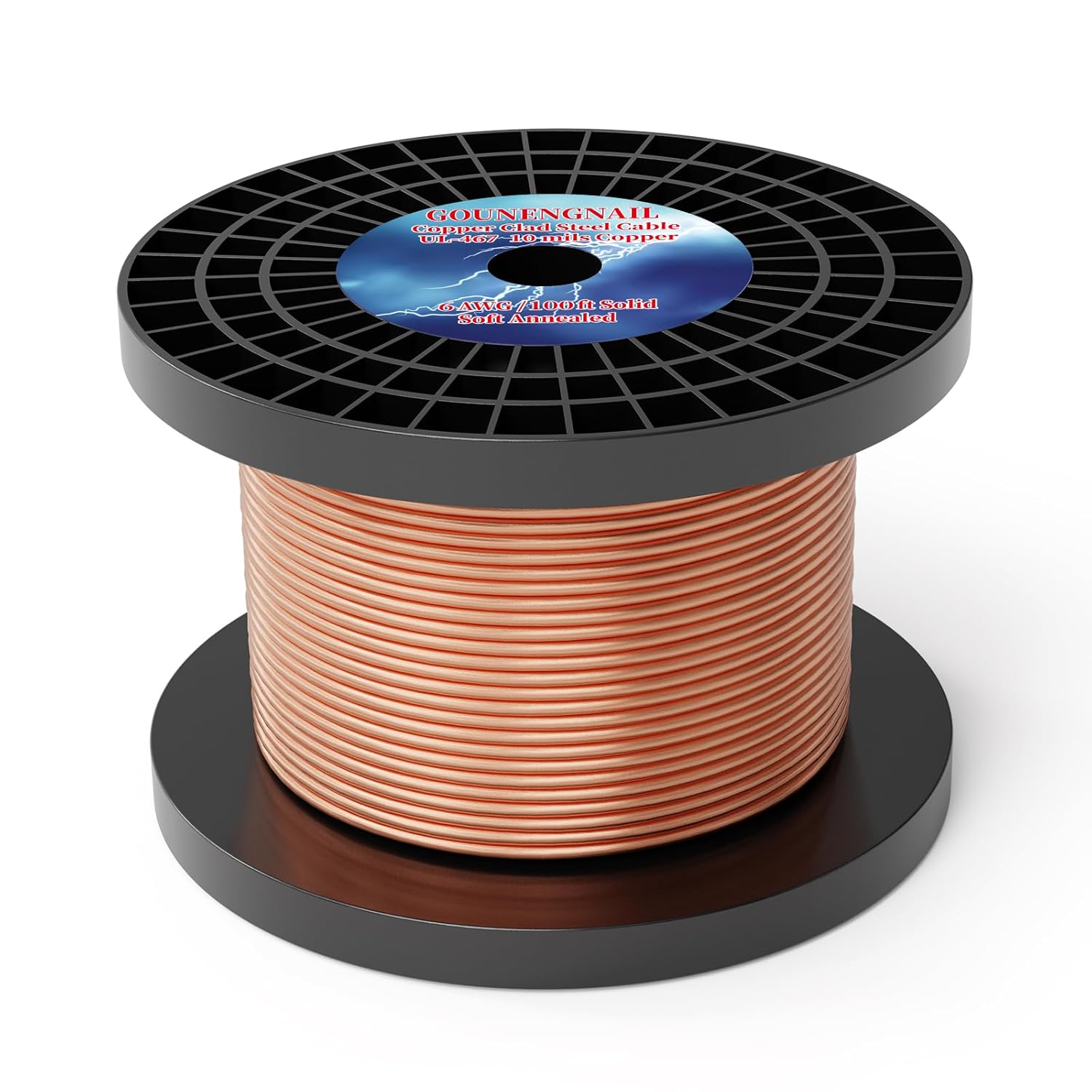 100FT 6AWG Soft Annealed Solid Grounding Wire, Per UL-467 10 Mils Copper Clad Steel Ground Cable Earth Wire (Copper Clad, 100FT / 6AWG)