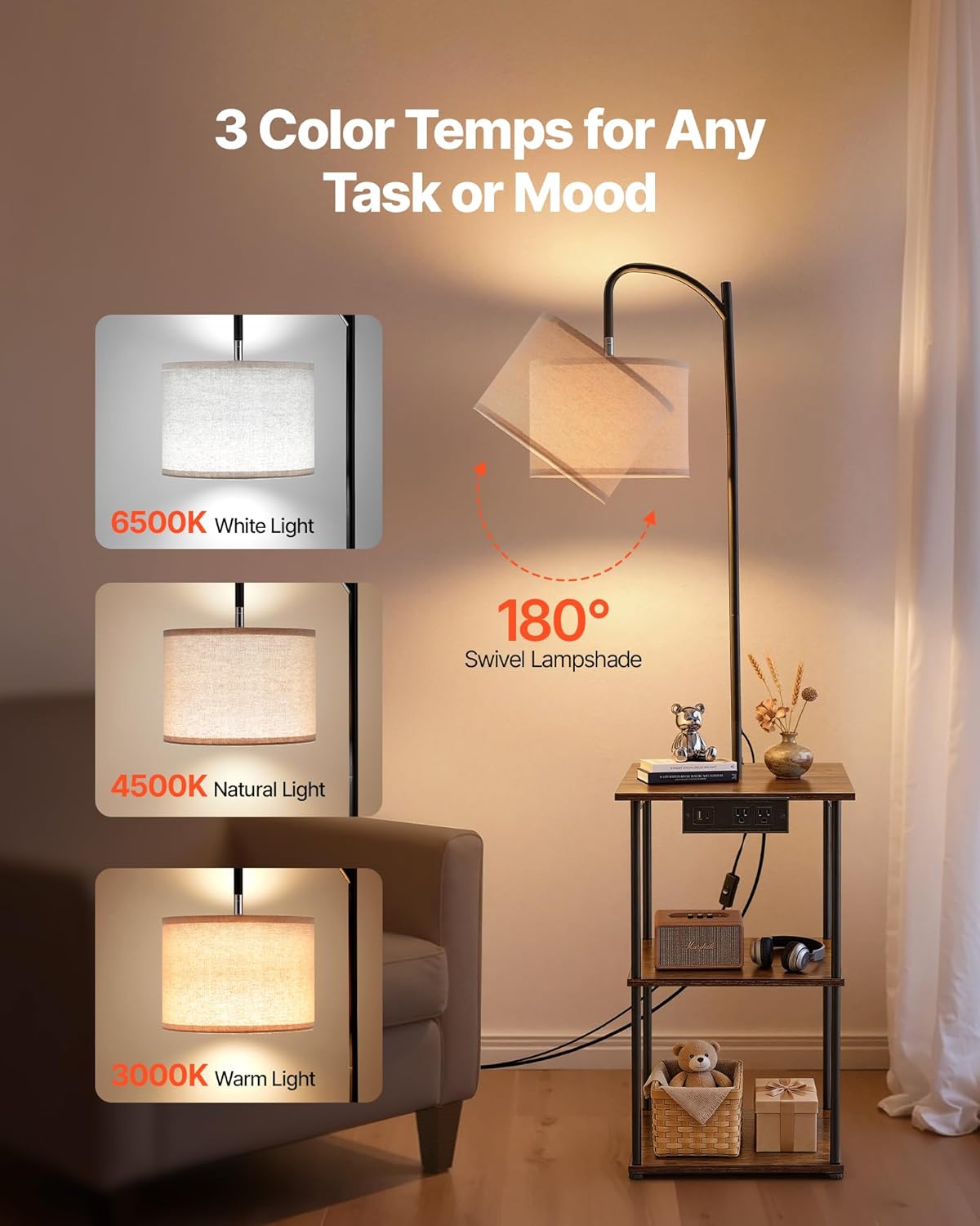 VEVOR Floor Lamp with Table, Narrow 3-Tier End Table with Open Shelves & 3 Color Temperature Lighting, Side Nightstand Bedside Desk with USB & Type C & AC Charging Port for Living Room, Bedroom, Dorm