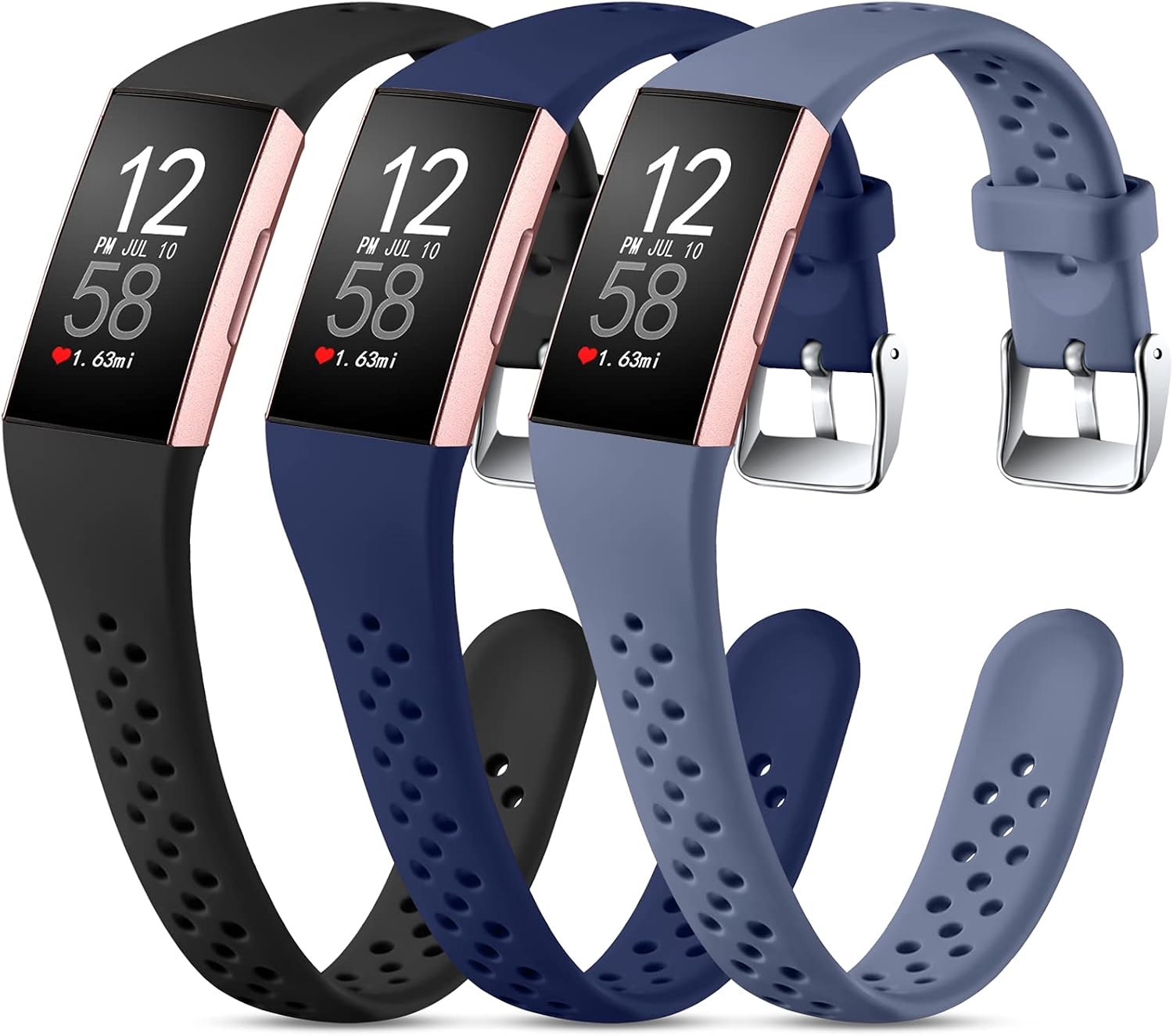 Nofeda Bands Compatible with Fitbit Charge 3/Charge 4/Charge 3 SE,Slim Soft Breathable Replacement Sport Wristband with Air Holes for Women Men,Small, Black/Navy Blue/Blue Gray