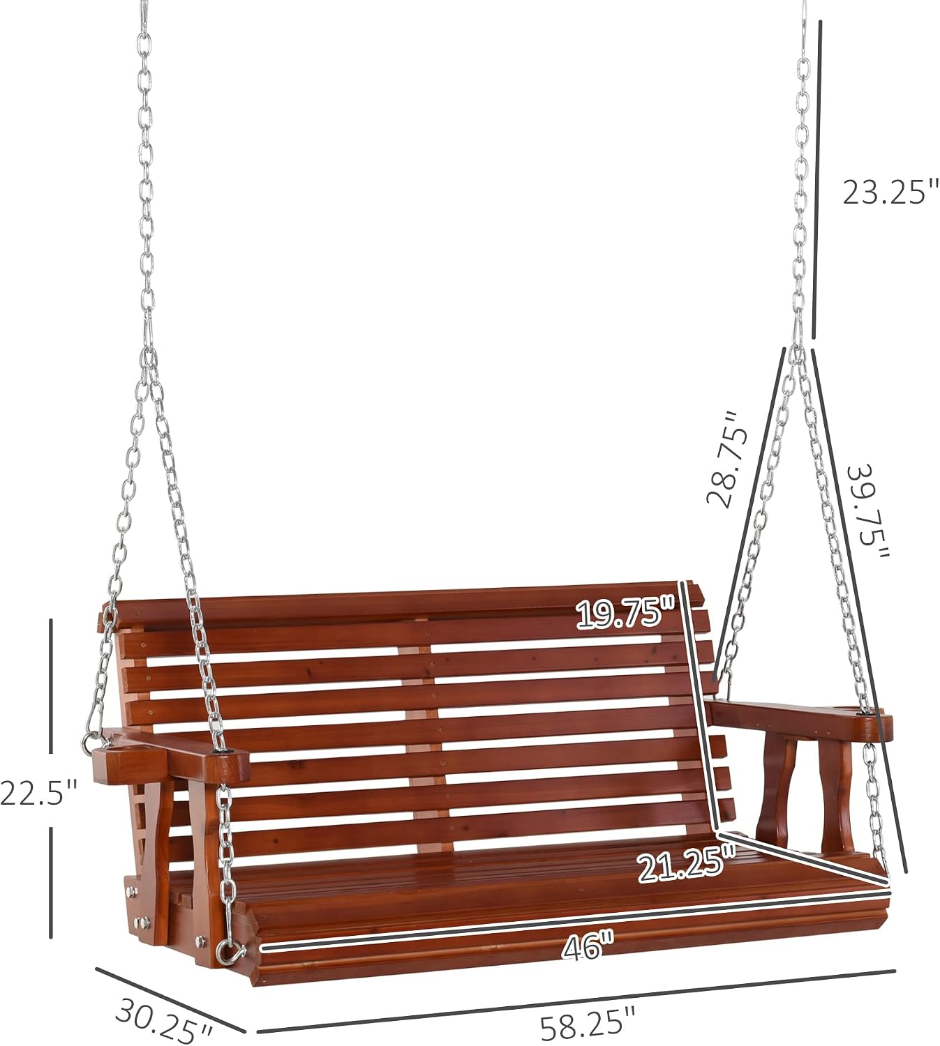 Outsunny Porch Swing with Chains and Cupholders, 2 Person Wooden Patio Swing Chair, 440 lbs. Weight Capacity, for Garden, Poolside, Backyard, Brown
