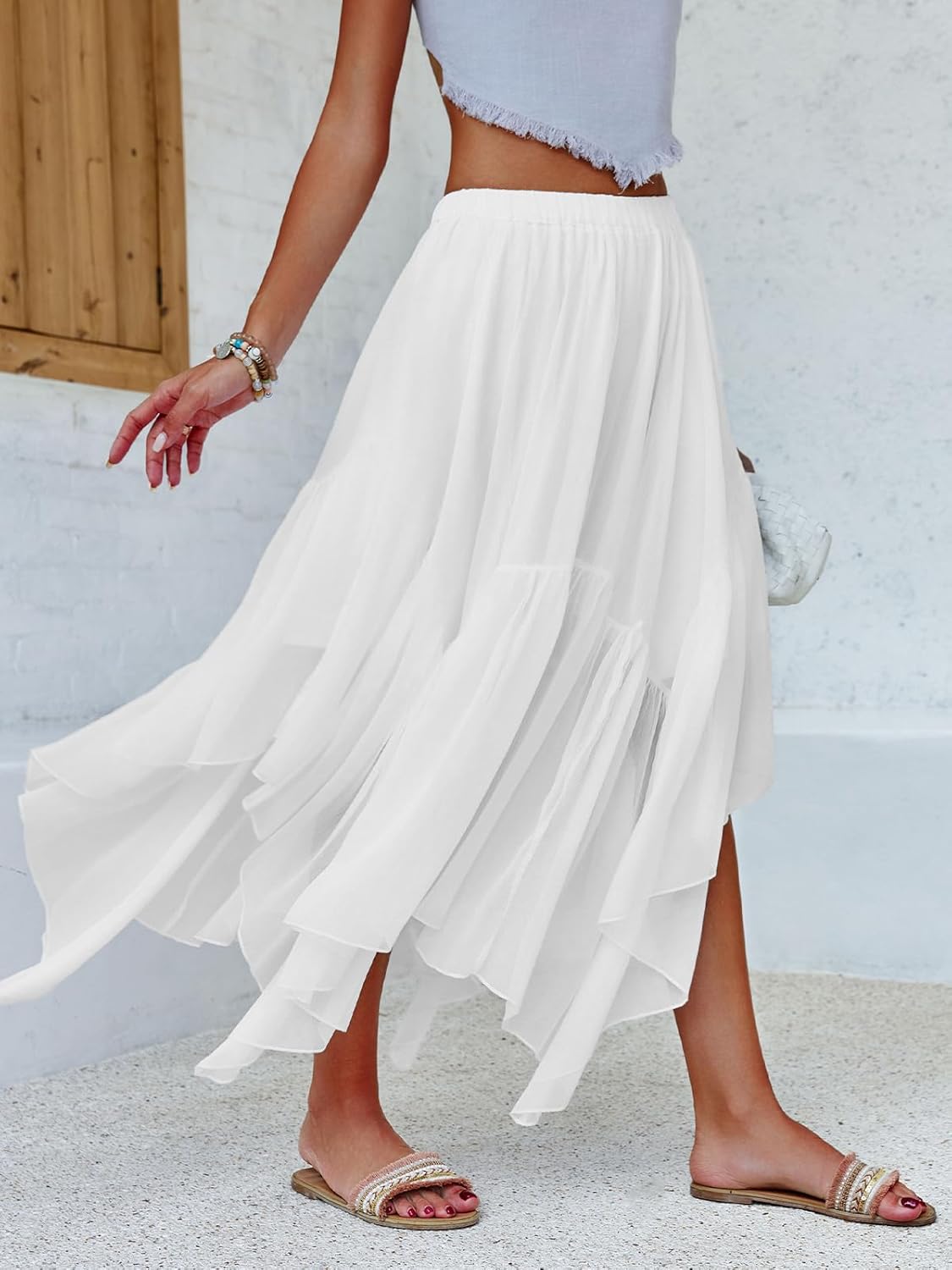 Fisoew Womens Summer Boho Maxi Skirt Casual Asymmetric High-Low Hem Flowy Bohemia Long Skirt - Image 2