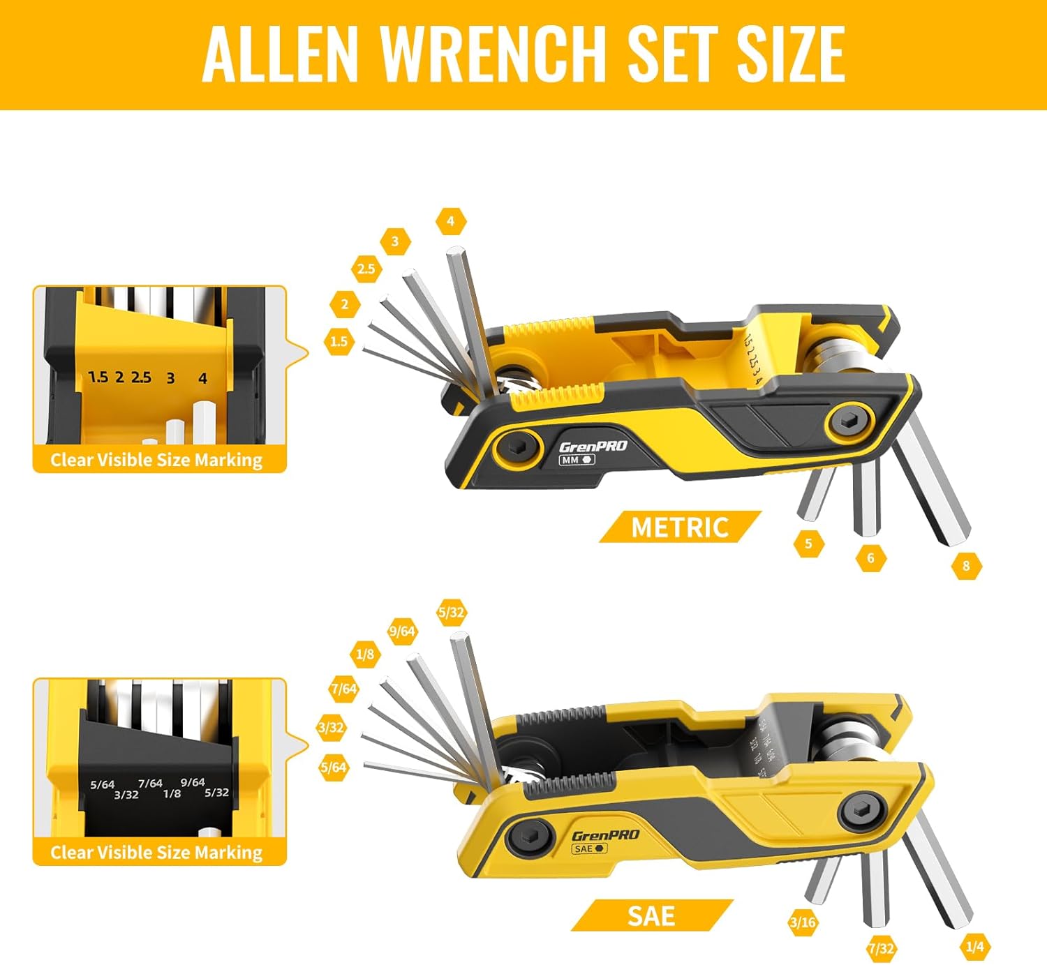 GRENPRO Folding Allen Wrenches Sets, 17PCS Allen Key Set, Hex Key Allen Wrench Set, Bike Tool Kit, Standard Metric & SAE Multifunction Tools, 2 Pack Portable Mountain Bicycle Repair Accessories Kits