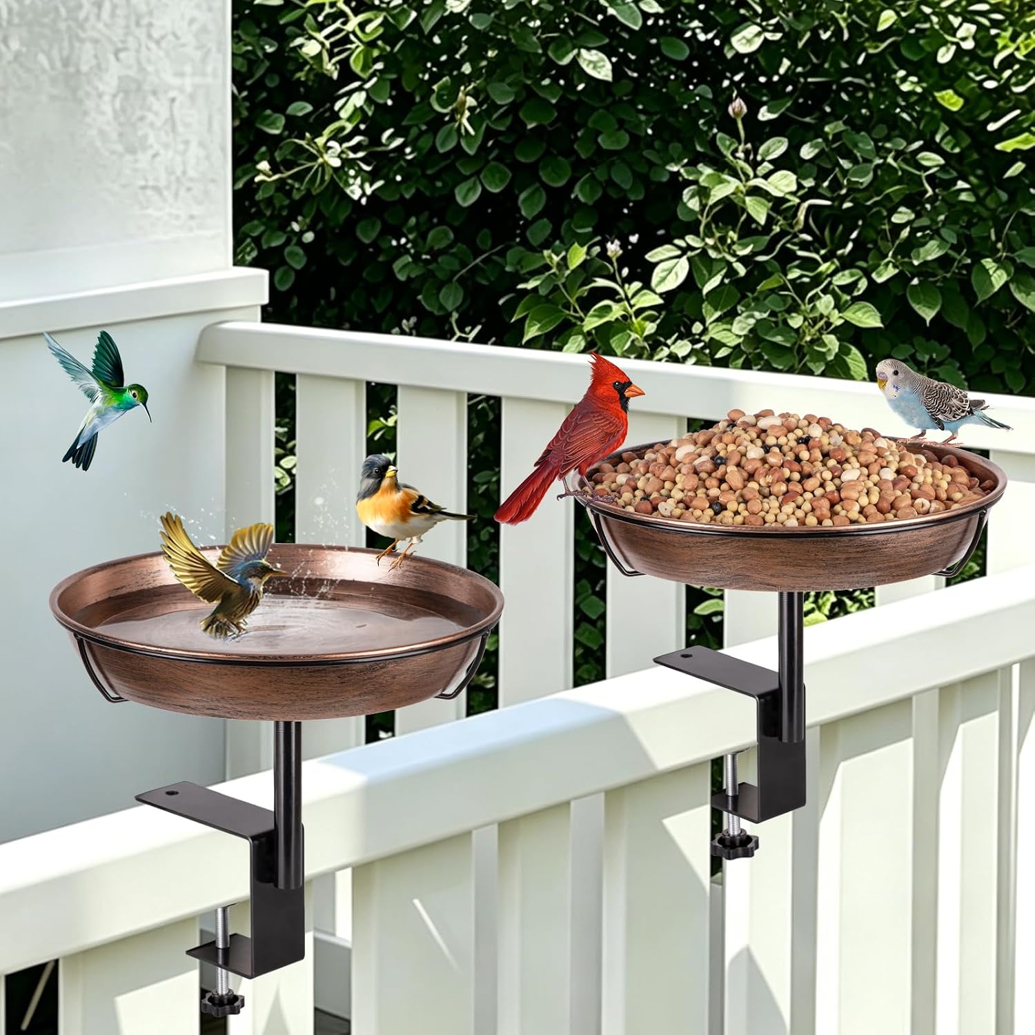 Deck Mounted Metal Bird Bath for Outside,Detachable 12 Inch Dia Birdbath Bowl with Adjustable Clamp,Outdoor Bird Feeder for Balcony Fence Railing