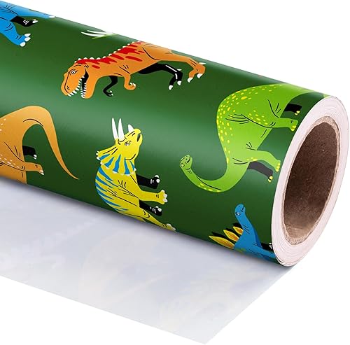 Miniatura 3 de WRAPAHOLIC Rollo de papel de regalo de dinosaurios, mini rollo, 17 pulgadas x 33 pies, papel de regalo de dinosaurio verde, perfecto para