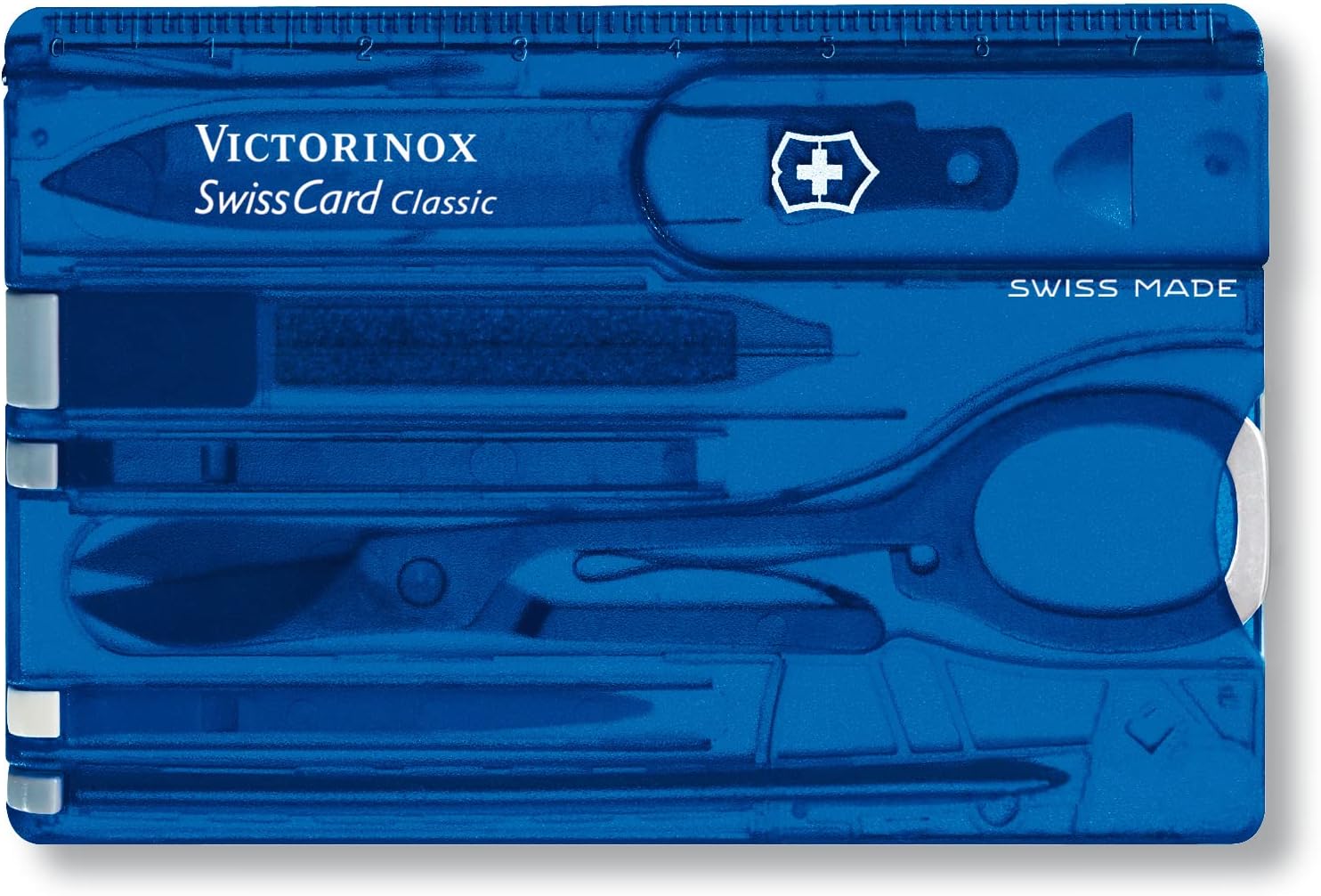 Swiss Card Classic, Multi-Tool in Credit Card Format, 10 Functions, Pointed Blade, Scissors, Blue