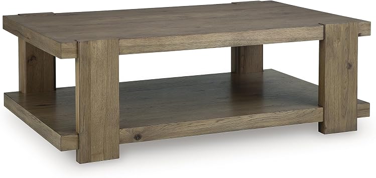 Signature Design by Ashley Flangren Rectangular Coffee Table, Light Oak | Thick rustic oak veneer and MDF substrates, Lower open storage shelf, Modern craftsman style, Large 52 in living room scale