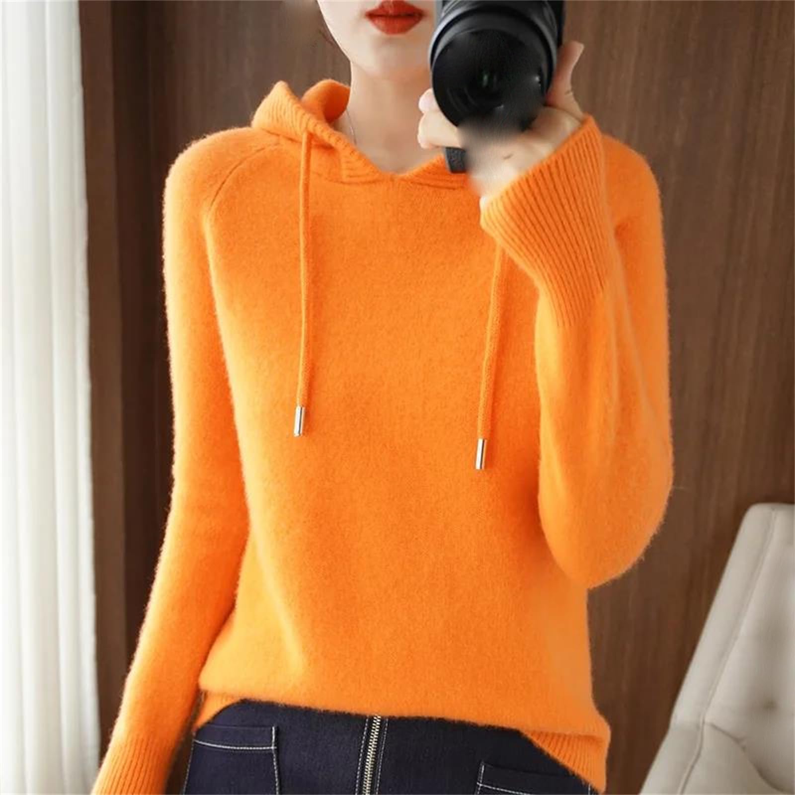 Yeuyyben Maglione invernale con cappuccio da donna maglione in cashmere con cappuccio caldo allentato maglione in cashmere con cappuccio da donna, Marrone Dorato Grigio, L