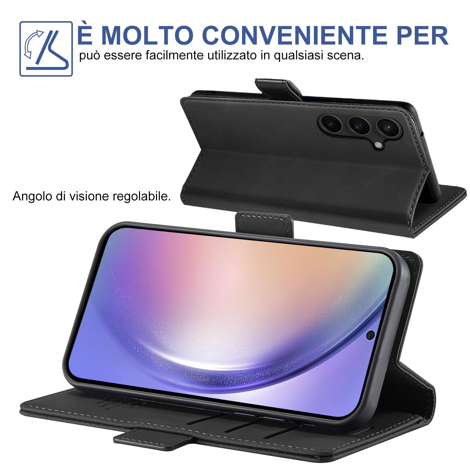 Giyer Cover per Samsung Galaxy A54 5G Custodia con Vetro Temperato, Premium Pelle PU Portafoglio Slot per Scheda RFID Antifurto Funzione Supporto Flip Case, Antiurto per Samsung A54 5G Cover (Nero)