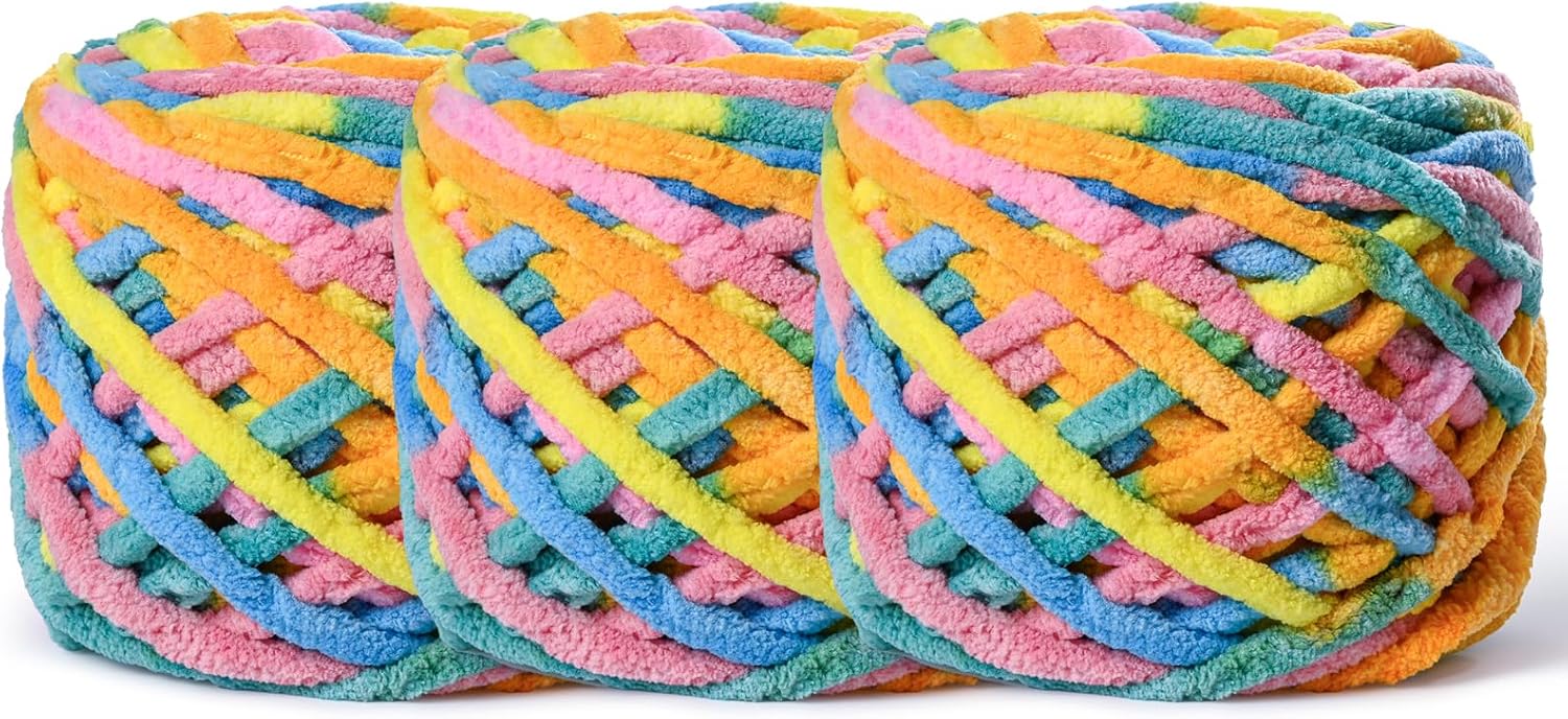 3 Pack Plush Chenille Chunky Yarn 100g (49.2yd) - Fluffy Velvet Yarn Crochet for Blanket Knitting and Crocheting - Baby Yarns for Crocheting Soft - Amigurumi Yarns (3 Neon Color)