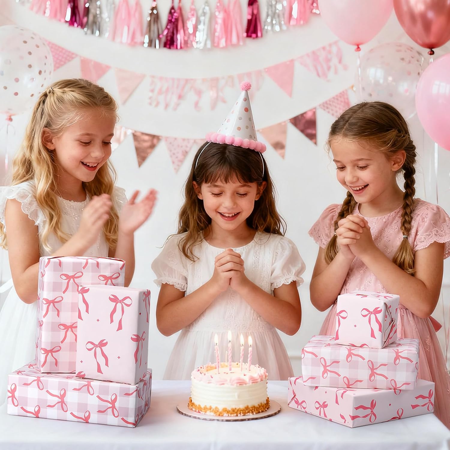 HairChrysm Pink Bow Wrapping Paper 2 Rolls - 17x33 Ft - Premium Coated Gift Wrap Paper Supplies Decorations for Valentine's, Girls Birthday, Christmas, Wedding, Baby Shower, 2 Design