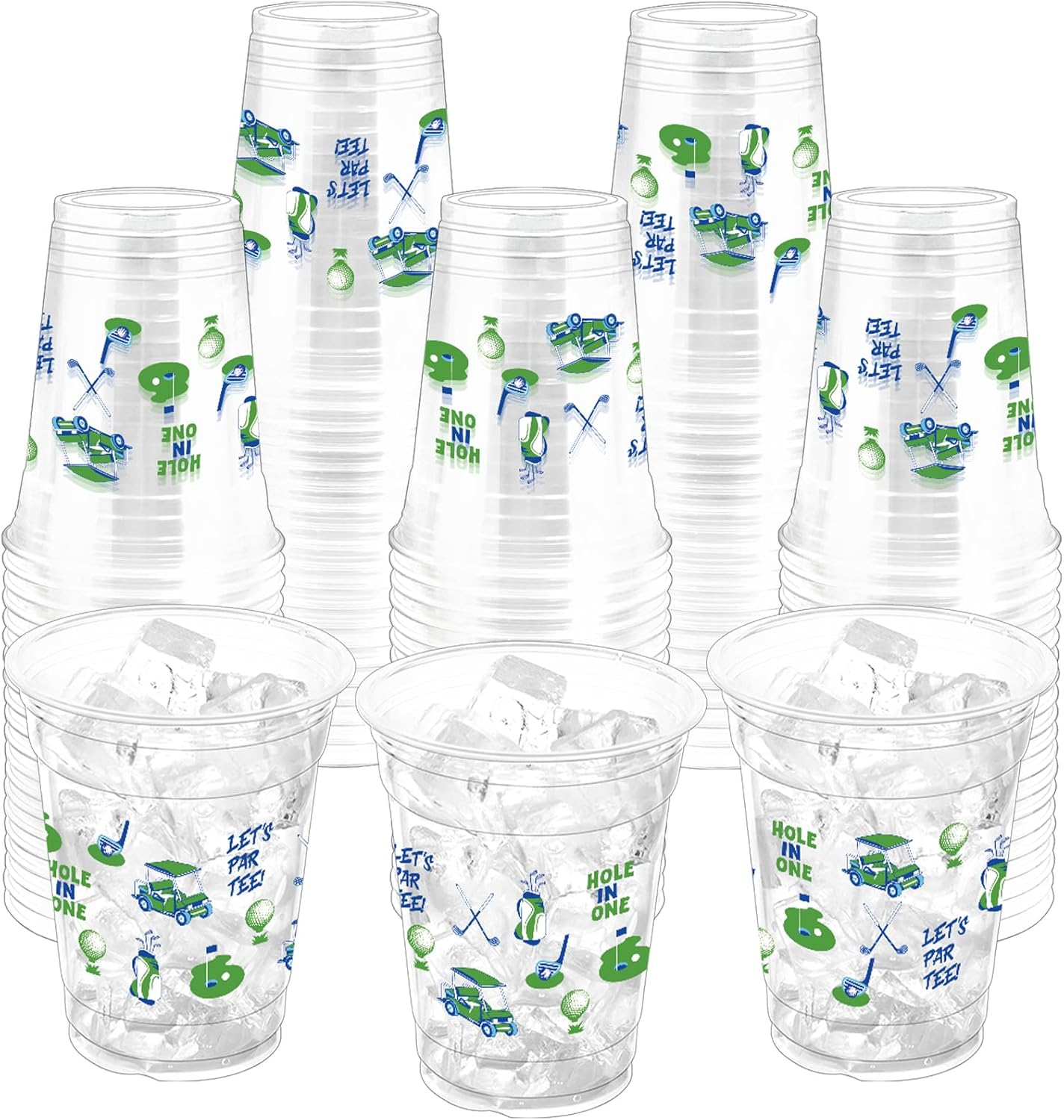100Pcs Masters Golf Ball Plastic Party Cups, 12oz Blue Green Golf Disposable Clear Cups for Home Sports Party Decorations, Themed Birthday, Holiday Gatherings Favors