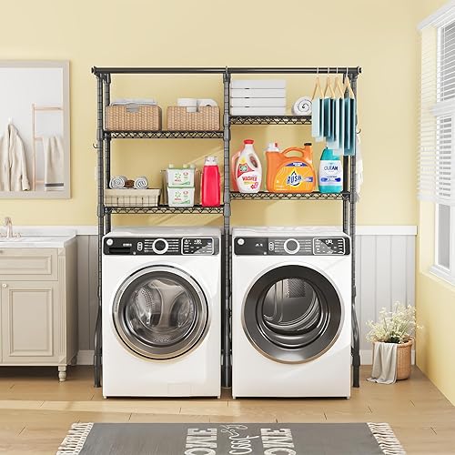 Miniatura 2 de U14 - Estantes medianos para lavadora y secadora, sistema organizador de almacenamiento y organizador de 4 niveles, ahorro de espacio, con 2 barras