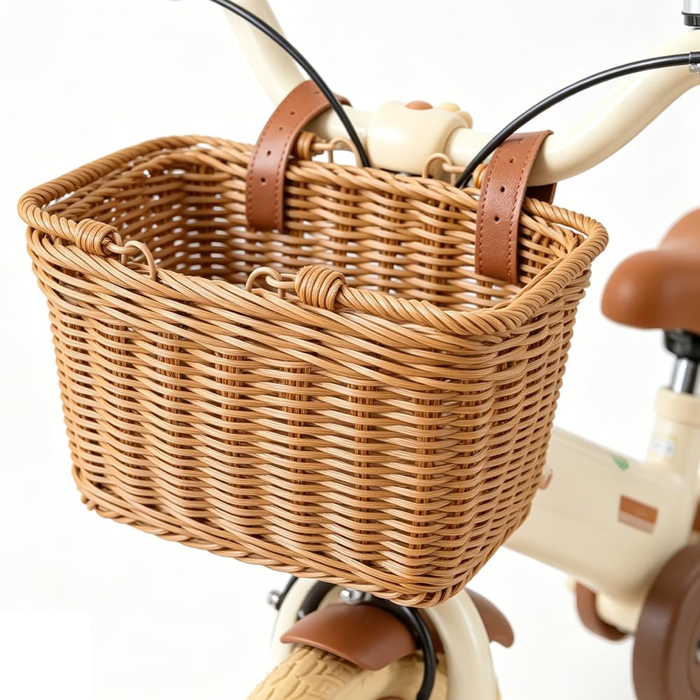Wicker Basket Bicycle, Hand-Woven Wicker Bicycle Basket, 15 x 25 x 18 cm Front Basket with Adjustable Vegan Leather Straps, Durable Bicycle Basket for City Bike, Shopping and Picnic (Brown)