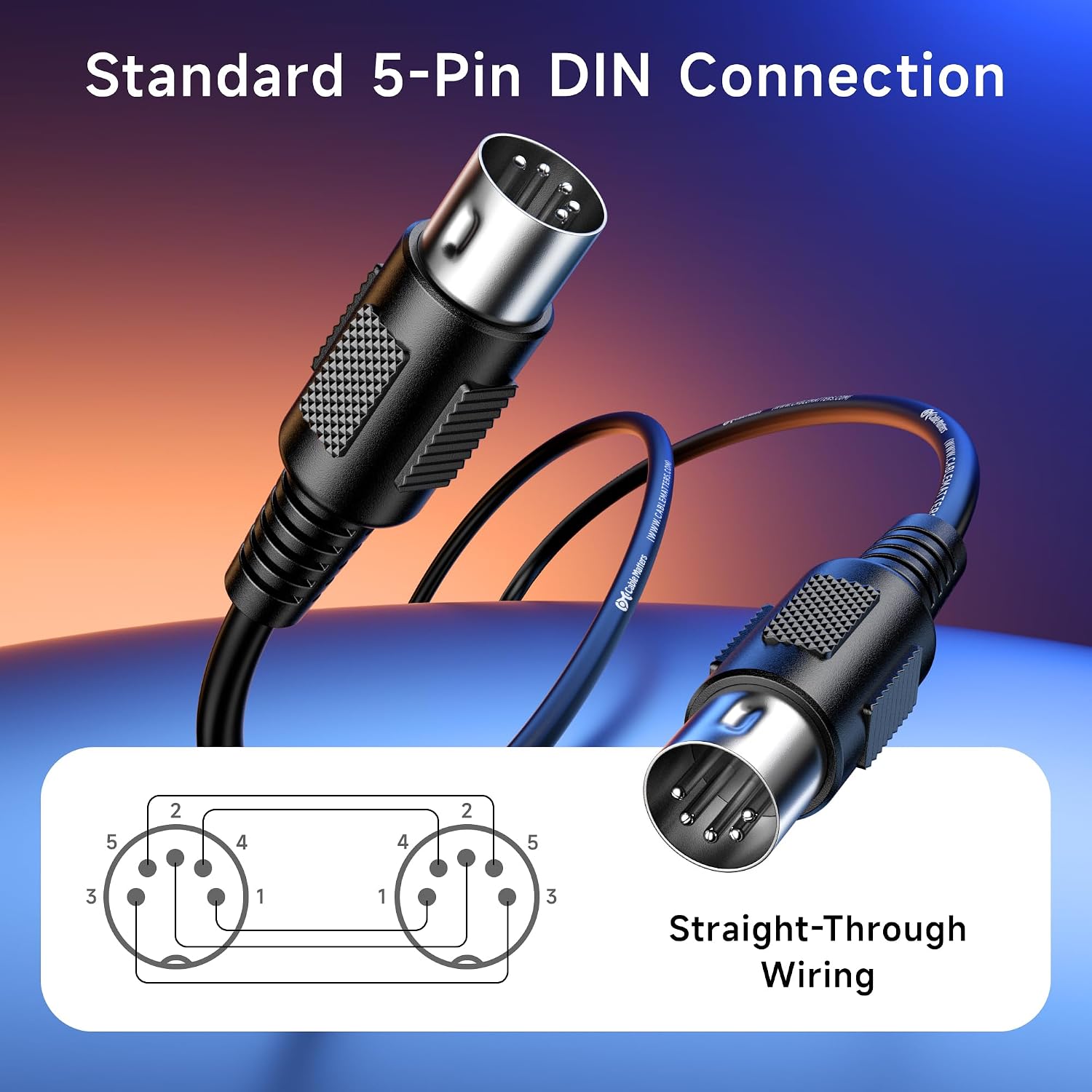 Cable Matters 2-Pak Kabli MIDI DIN 5-Pin, 0,9 m | Do klawiatur i kontrolerów MIDI, męskie złącza DIN 5-Pin, elastyczny oplot PVC