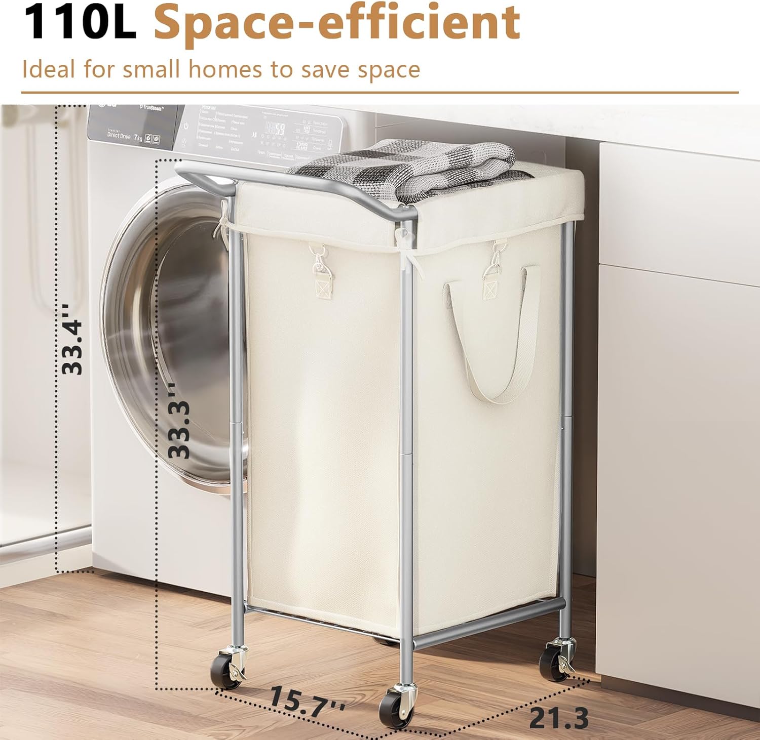 110L Large Laundry Hampers, Oxford Fabric Laundry Hampers Clothes Hampers, Metal Frame and Removable Bag Design with Wheels, Suitable for Bedroom, Bathroom, Dorm Room, Laundry Room (Silver Beige)