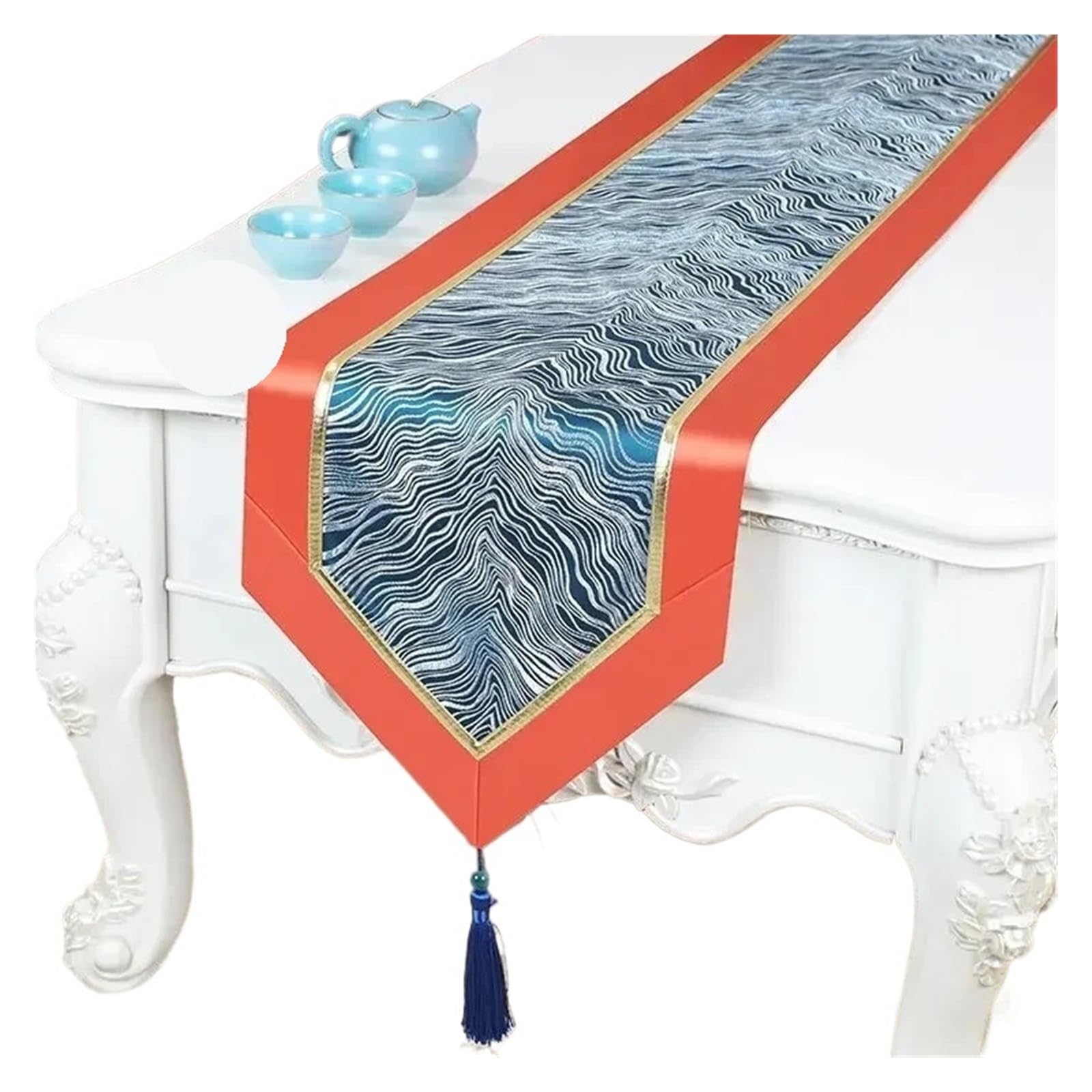 Satin Table Runners Golden Wave Pattern Table Flag European Satin Tassel Coffee Long Towel Cabinet Wedding Celebration Decorative Tablecloth(Color17,33x350cm 1pcs)