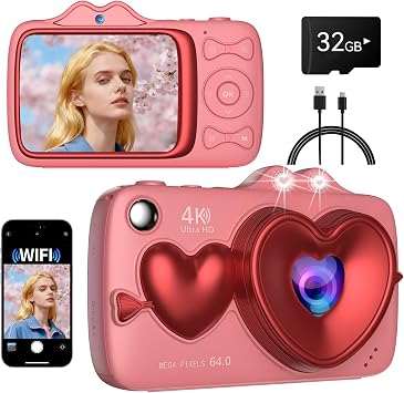 Digital Camera,4K 64MP Autofocus Vlogging Camera with Dual Lens,18X Zoom/WiFi/32GB Card/,Point and Shoot Cameras for Boys Girls Gifts XJ700-Pink