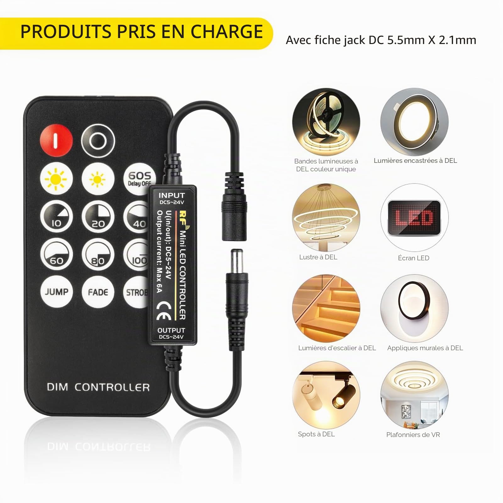 Mini RF Contrôleur de Gradateur LED Variateur Tension d'entrée 5V-24V Télécommande 14 Touches Convient aux Bandes de LED COB SMD 5V/12V/24V